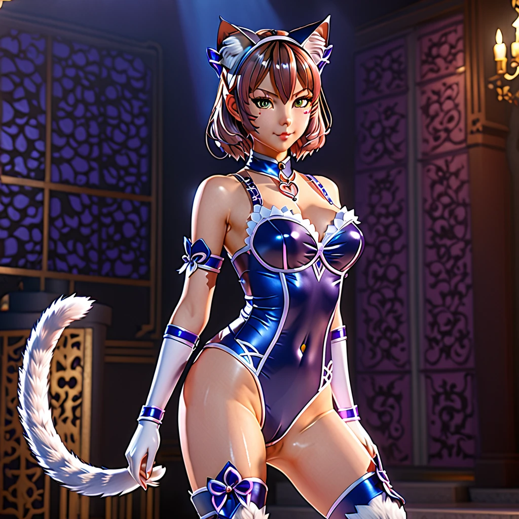 A highly detailed 3D anime figure of a beautiful cat girl, elegant and graceful pose, delicate facial features, intricate cat ears and tail, glossy underware outfit, dynamic lighting, photorealistic, cinematic lighting, dramatic shadows, vibrant colors, (best quality,4k,8k,highres,masterpiece:1.2),ultra-detailed,(realistic,photorealistic,photo-realistic:1.37)