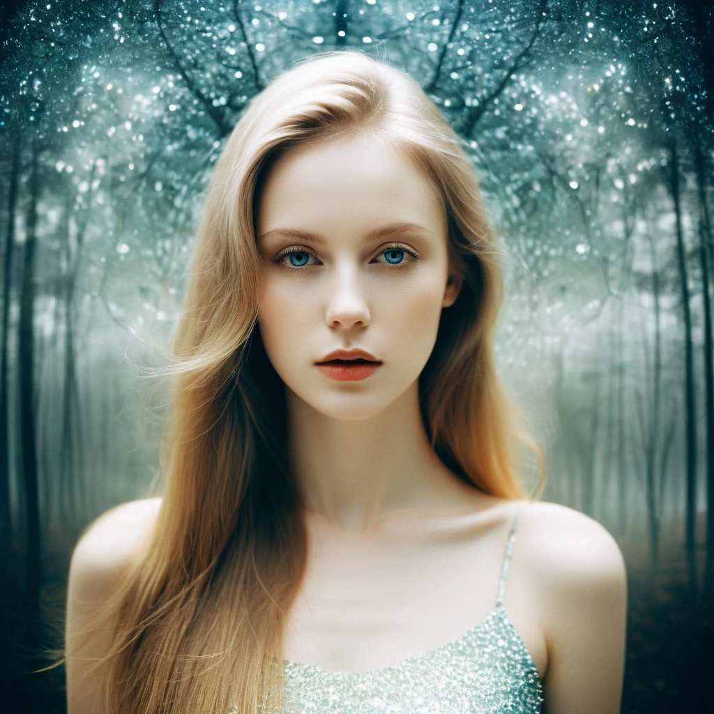 (Double Exposure Photography by Stanley Stellar and Josefa Pla Marco:1.2), award-winning photography, pale skin, evil slavic woman, long dark blond hair, upper body, aesthetic, dazzling atmosphere, atmospheric scattering, perfectly focused, f/22, symmetry and balance, artistic, infrared photography, outstanding details, (opal multi-color and opaque colors:0.1), ((artistic model pose for photo))