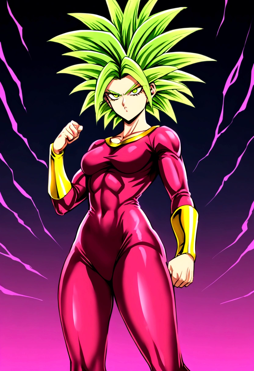 Kefla con pelo negro recogido, con top y leggins rojos, estilo One punch man