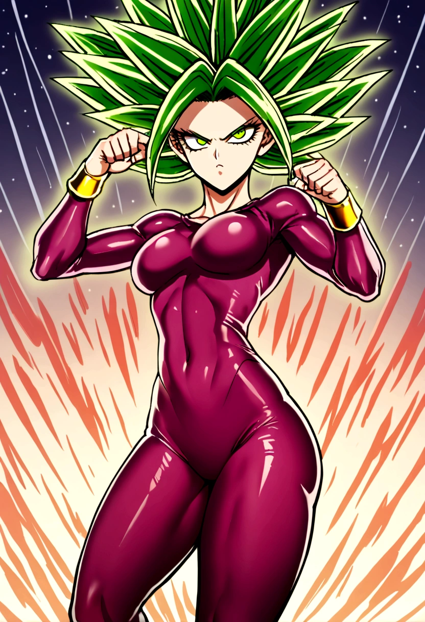 Kefla con pelo negro recogido, con top y leggins rojos, estilo One punch man