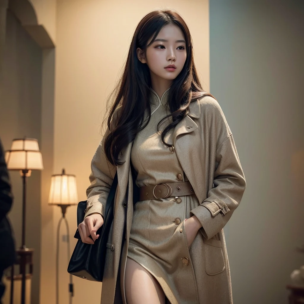beautiful chinese girl, wearing cryptic trench, carrying bag on shoulder, 1girl, cinematic lighting, dramatic lighting, highly detailed, photorealistic, 8k, 4k, ultra-detailed, masterpiece, (best quality:1.2), (realistic:1.37), intricate details, vibrant colors, warm color palette, soft focus, ethereal atmosphere
