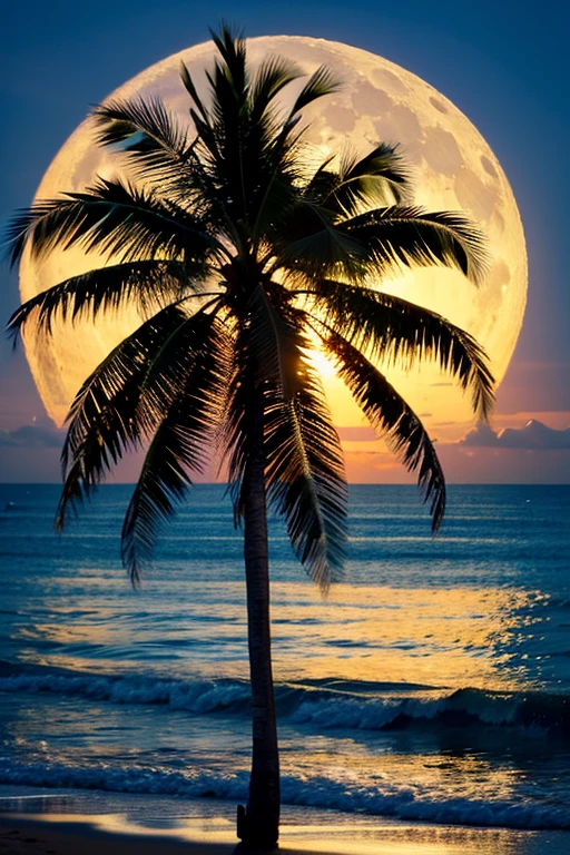 midnight ocean palm tree full moon