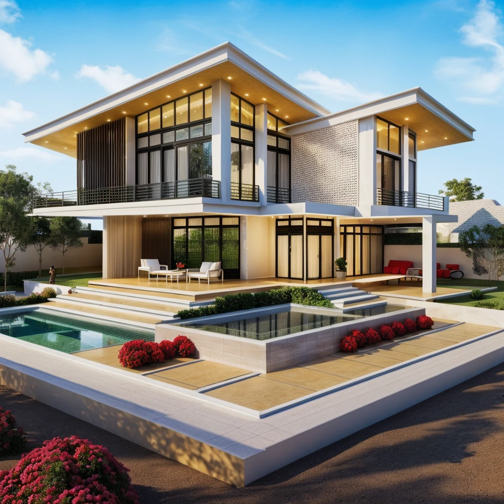 The house, The town house is made from white walls, beautyful light, beautyfulday, sunny, Many red bougainvilleas along the road:1.3, lovely youthful feeling :1.2, sunlight at 12 noon, Very beautiful shadows