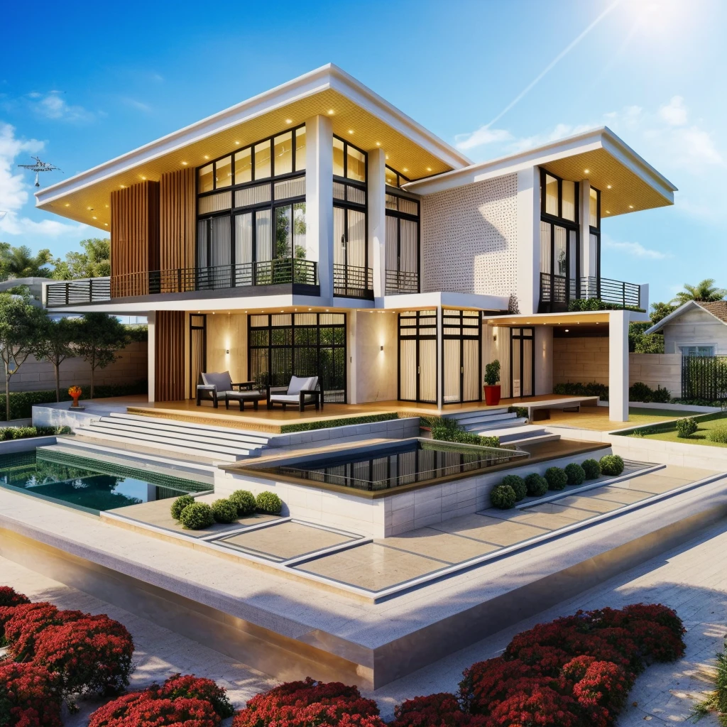 The house, The town house is made from white walls, beautyful light, beautyfulday, sunny, Many red bougainvilleas along the road:1.3, lovely youthful feeling :1.2, sunlight at 12 noon, Very beautiful shadows