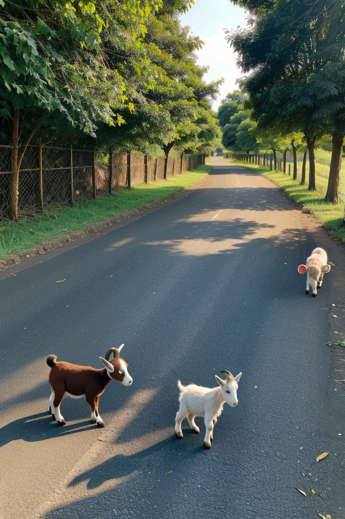 Baby girl chasing a cute baby goat in village road with colourful trees on the side of the road