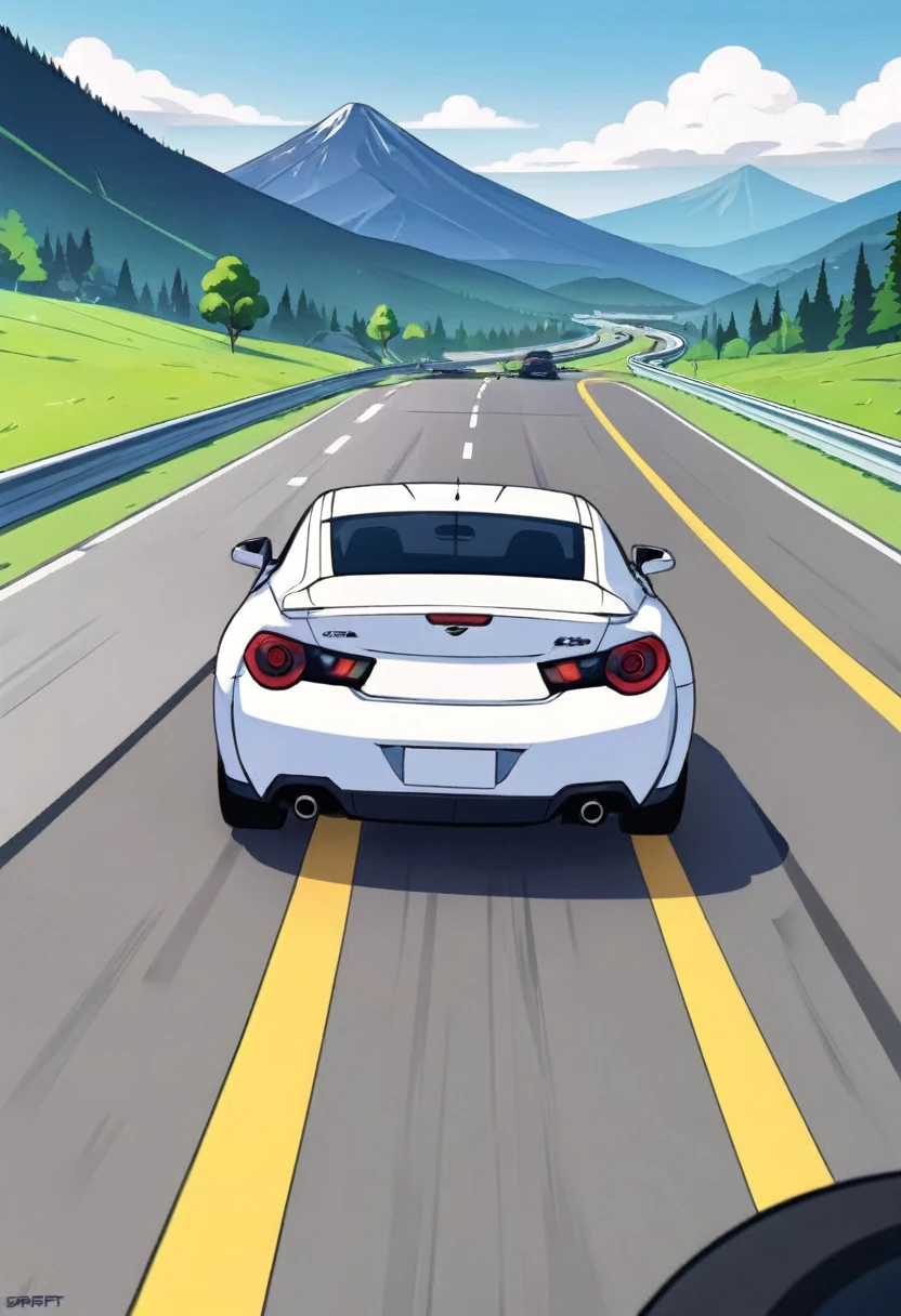 imagine a 2d animation with a fixed rear camera, flat colors, cartoon meme with an irregular line of a white car making a drift curve to the right, the scene is a highway with mountains in the background on the blurred horizon