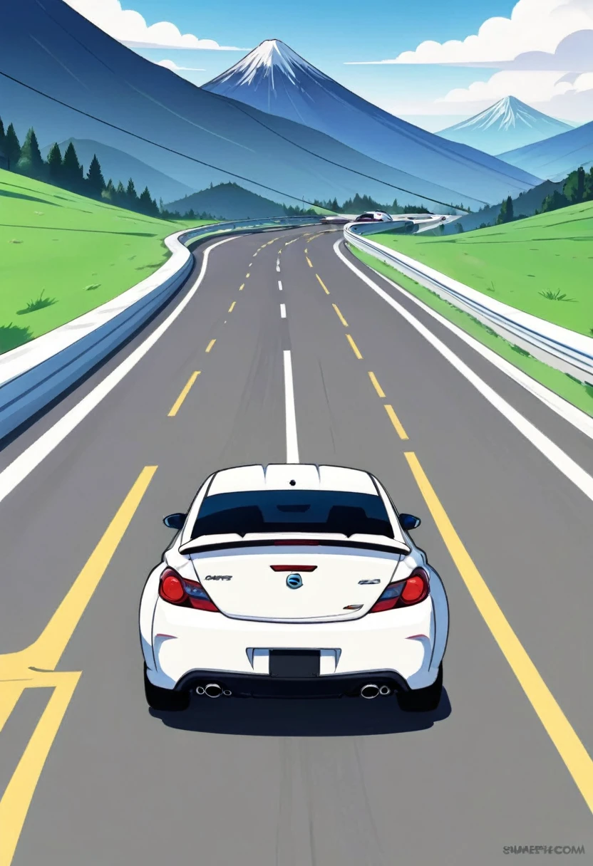 imagine a 2d animation with a fixed rear camera, flat colors, cartoon meme with an irregular line of a white car making a drift curve to the right, the scene is a highway with mountains in the background on the blurred horizon