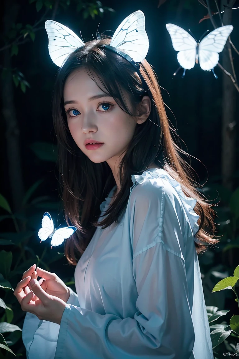 spirit animal, score_9, score_8_consolation, score_7_consolation, score_6_consolation, score_5_consolation, score_4_consolation, ethereal ghost baby fox, Beloved, cartoon character, glowing blue eyes, glowing butterflies, fantasy forest at night time, realistic, very detailed, There are no humans