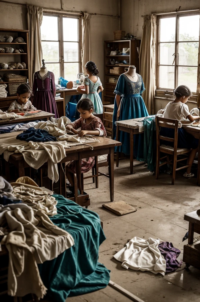 A picture where in the foreground there are beautiful dresses on a mannequin and far away in the background there are children with dirty clothes working with sewing machines and looking sad