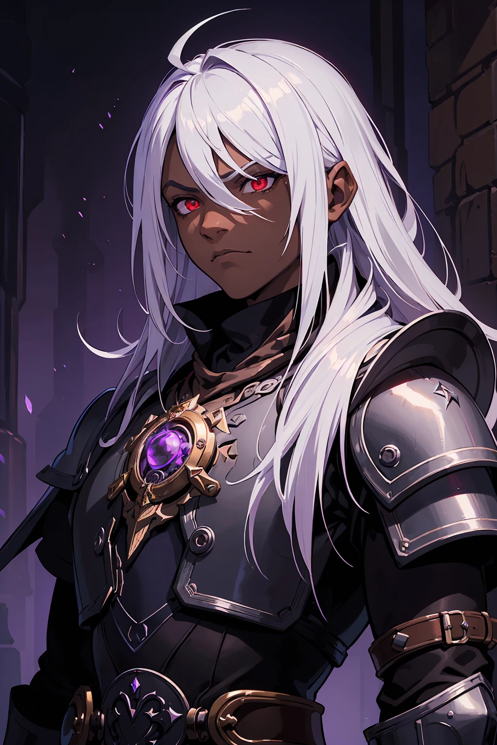 ((best quality)), ((masterpiece)), (detailed), ((boy)), (mix between steampunk and dungeonpunk), drow, upper body, portrait, red eyes, long white hair, Xemnas from Kingdom Hearts, half-drow, dark skinned, (full knight armor), paladin, serious face, dramatic lighting, dungeons and dragons character, purple theme