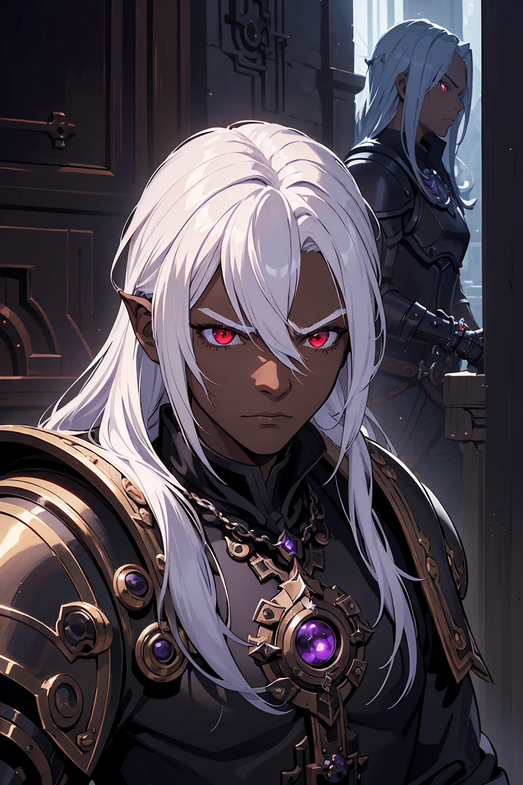 ((best quality)), ((masterpiece)), (detailed), ((boy)), (mix between steampunk and dungeonpunk), drow, upper body, portrait, red eyes, long white hair, Xemnas from Kingdom Hearts, half-drow, dark skinned, (full knight armor), paladin, serious face, dramatic lighting, dungeons and dragons character, purple theme