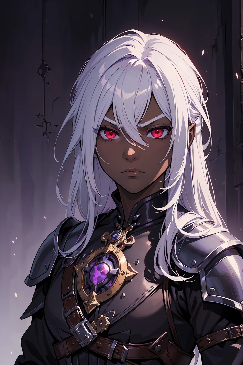 ((best quality)), ((masterpiece)), (detailed), ((boy)), (mix between steampunk and dungeonpunk), drow, upper body, portrait, red eyes, long white hair, Xemnas from Kingdom Hearts, half-drow, dark skinned, (full knight armor), paladin, serious face, dramatic lighting, dungeons and dragons character, purple theme