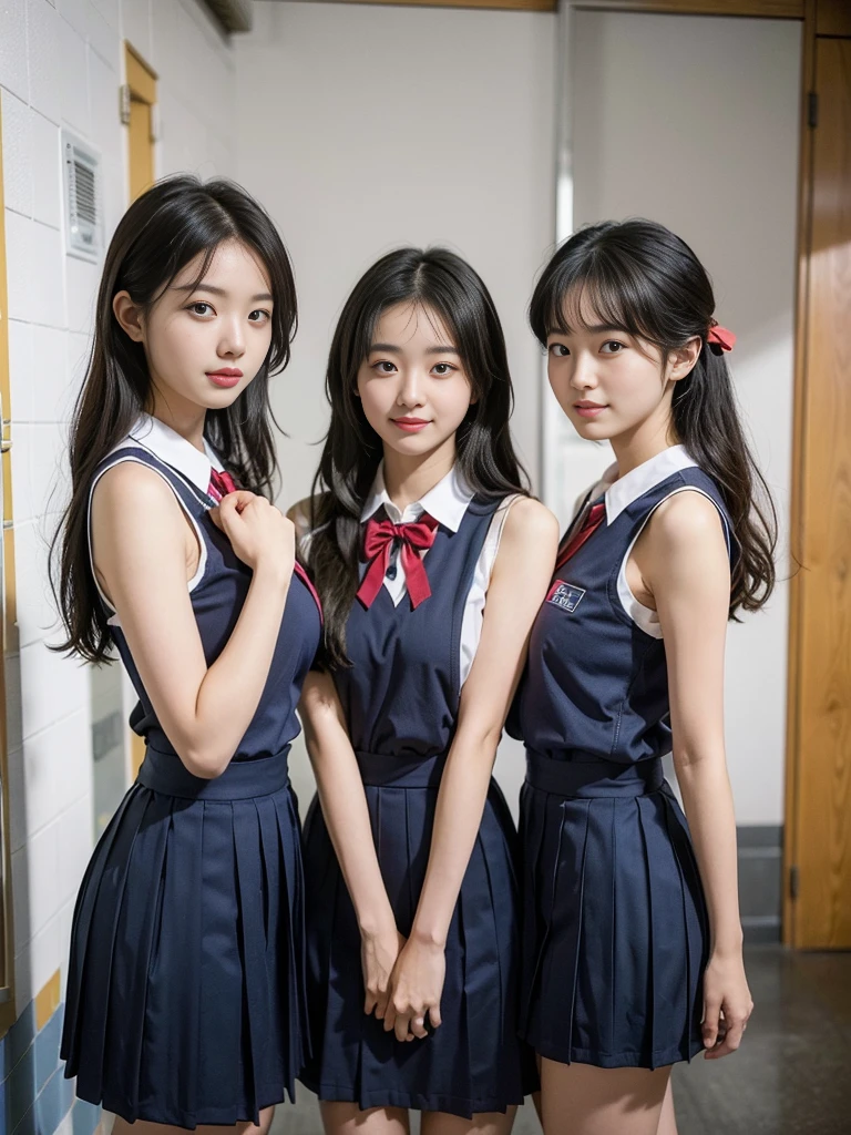 (A trio of super cute Korean gal high school girls take a photo together 1.2)(grin,Smile)(Beautiful Sweat:1.1)(16k, RAW Photos, Highest quality, masterpiece: 1.2),(Mr.々Beautiful blonde with a stylish hairstyle:1.2) Super detailed, Super Resolution, (Genuine, Genuine photos: 1.37), Portraiture, High-resolution RAW color photos, Professional photos, Very detailed, 8k wallpaper, Very detailed CG Unity 8k wallpaper, Very detailed beautiful girls, Very detailed faces, ((whole body)), beautiful woman, Huge breasts,(huge boobs:1.1) (Big Boobs:1.1), Beauty college student (A tight, girly, navy sleeveless  with ribbon.),high school girl, Korean Girls,(K-POP Female Idols), (Idol-class beauty)(Beautiful high school girl:1.1)(Emergency stairs in school building)(18-year-old)(Stylish school uniform-style outfit:1.1)(Group photo:1.3)(from side)