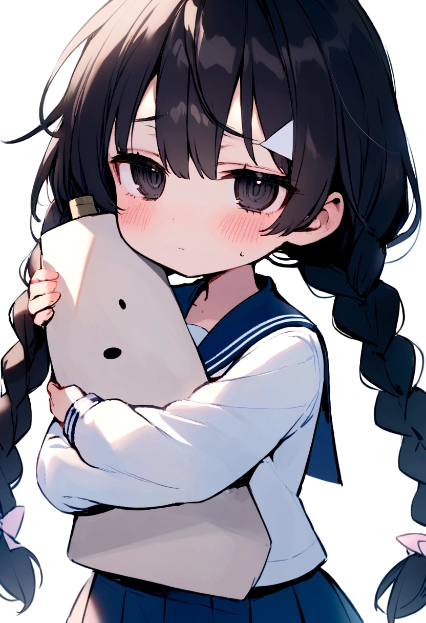 Long black hair, two braids, sailor suit, jittery eyes, loli, short, cute, , half eyes, jittery eyes, white triangle on head, black eyes, holding a knife, expressionless,Half eyes,Hugging the viewer ,1 Girl