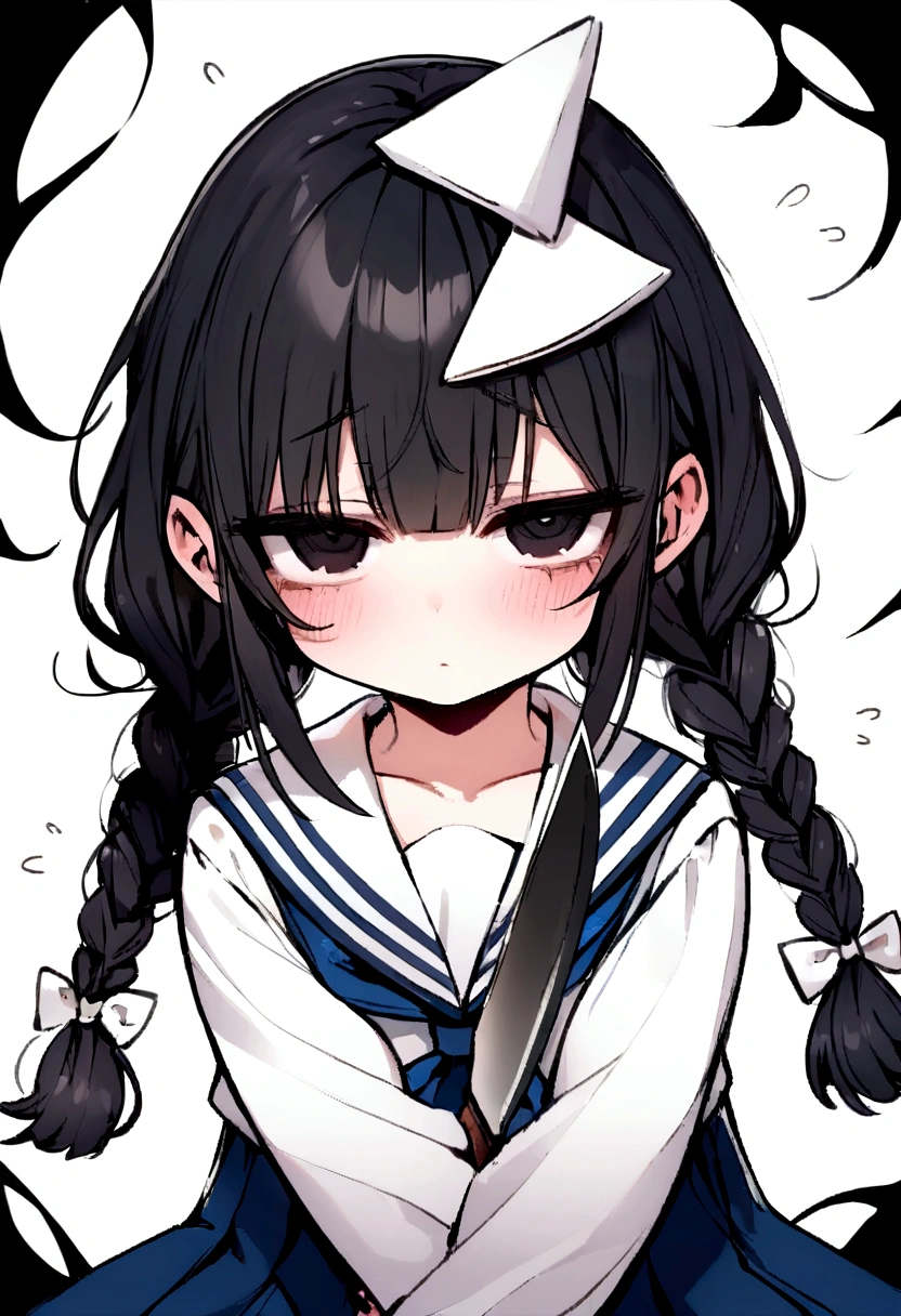 Long black hair, two braids, sailor suit, jittery eyes, loli, short, cute, , half eyes, jittery eyes, white triangle on head, black eyes, holding a knife, expressionless,Half eyes,Hugging the viewer ,1 Girl