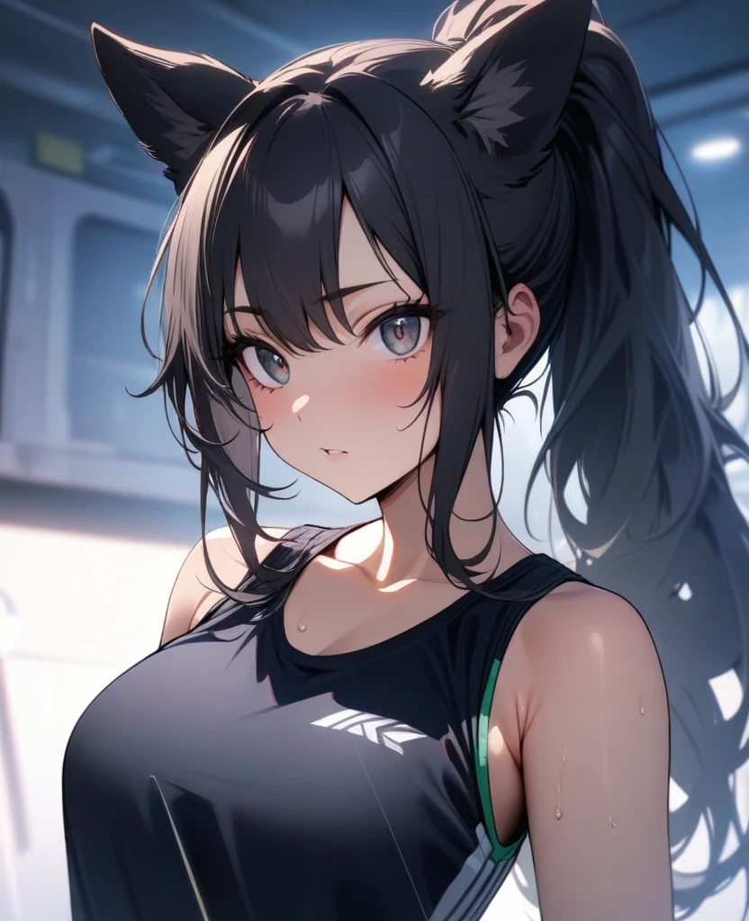 masterpiece, best quality, very aesthetic, absurd, up to date,1 Girl, (calm),Black hair，Long hair，ponytail，look， Dog ears
，Gray Highlights，Black pupil，Sports vest，Capable