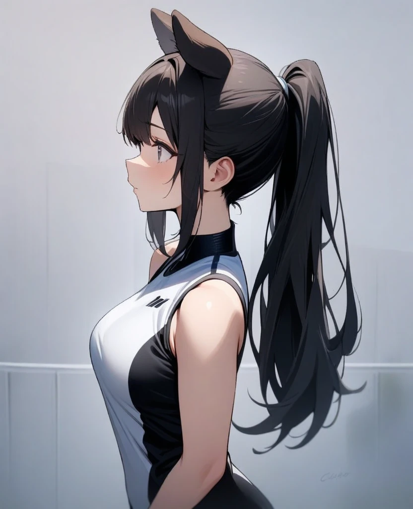 masterpiece, best quality, very aesthetic, absurd, up to date,1 Girl, (calm),Black hair，Long hair，ponytail，look， Dog ears
，Gray Highlights，Black pupil，Sports vest，Capable