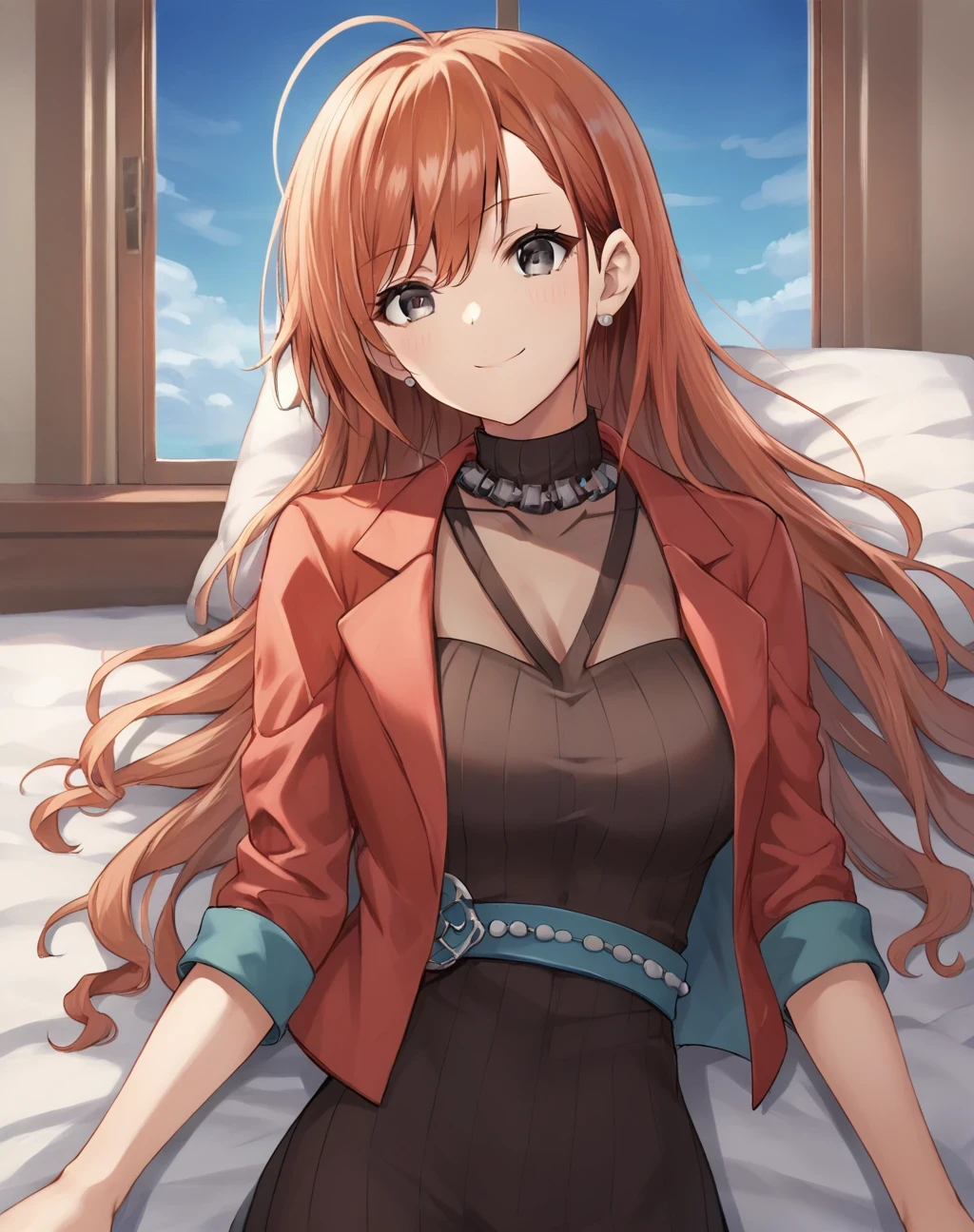 score_9, score_8_up, score_7_up,Captivating Eye Reflections,beautiful detailed eyes,lower eyelid,beautiful detailed face,BREAK ,source_anime,Arisugawa Natuha,1girl,large_breasts,black eyes,orange hair,long hair,ahoge,red jacket,pale blue belt,three quarter sleeve,black dress, jewelry necklace,bedroom,window,lying on the bed,cowboy shot,blue sky,sunshine,smile