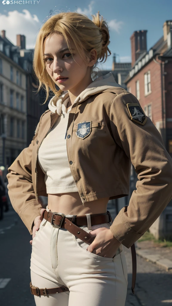 (bestquality,masterpiece), AnnieAOT, solo, hood, hoodie, paradis_military_uniform, jacket, uniform, tight clothes, emblem, feathers, upper body, thigh, hands on hip, emblem, belt, thigh strap, pants, white pants, standing, idle, looking at viewer, yellow hair, direct