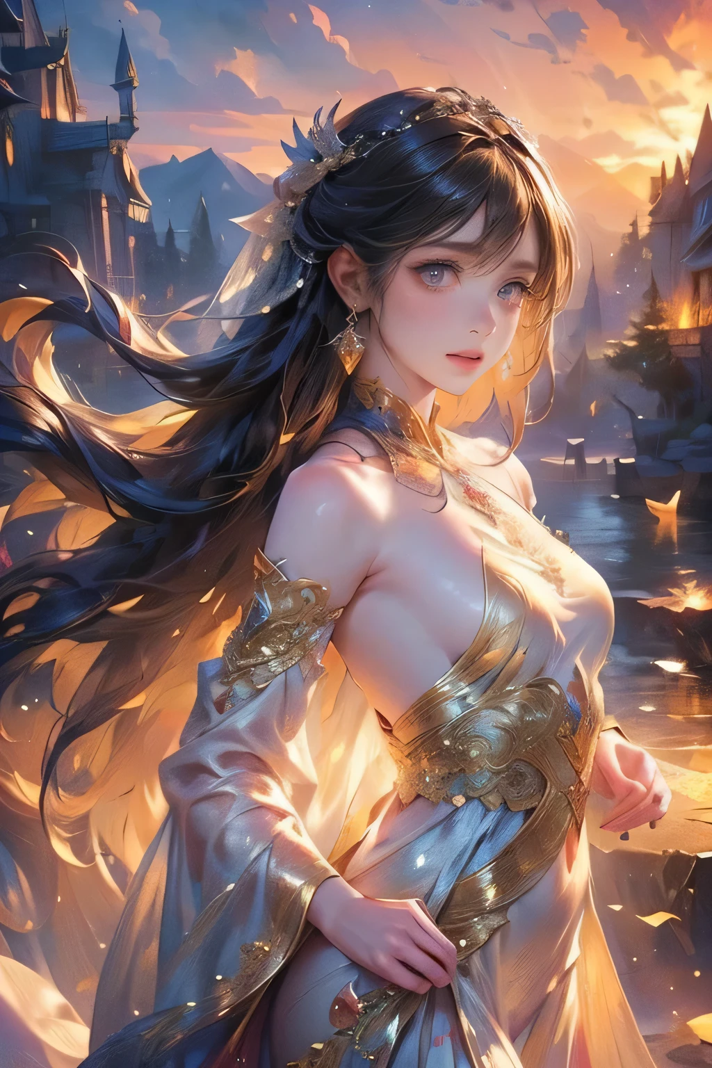 Masterpiece: 1.2, Highest Quality, Highres, 16k, Beautiful Detailed, Ultra-Realistic, Photo Realistic: 1.37, a beautiful and cute celestial maiden, take off hanfu dress and veil (bare shoulder, bare chest, strapless), detailed whole-body, beautiful detailed eyes, beautiful detailed lips, extremely detailed face, long eyelashes, flowing hair, elegant pose, fantasy shangri-la landscape background, glowing light, soft warm colors, cinematic lighting, intricate details, digital art