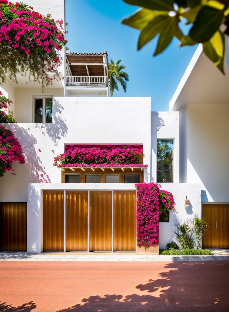 The house, The town house is made from white walls, beautyful light, beautyfulday, sunny, Many red bougainvilleas along the road:1.3, lovely youthful feeling :1.2, sunlight at 12 noon, Very beautiful shadows
