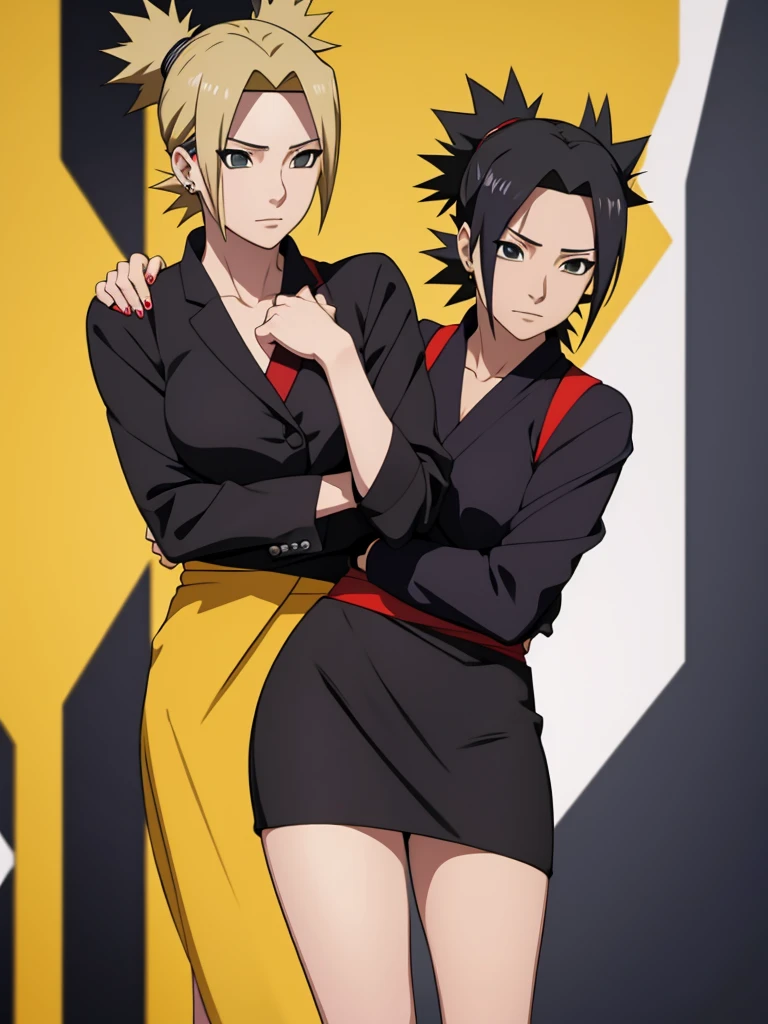 Temari from naruto, 1women, wearing a black colour office suit, tight skirt, at an office, yellow colour short hair, 8k, high detailed, high quality
