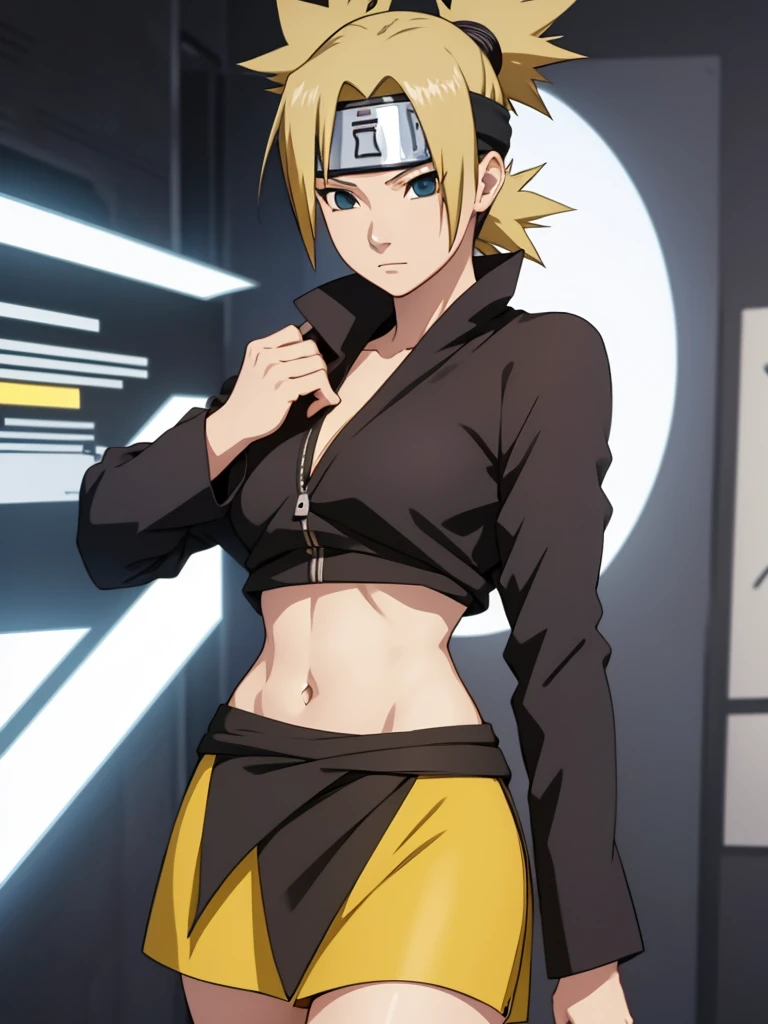 Temari from naruto, 1women, wearing a black colour office suit, tight skirt, at an office, yellow colour short hair, 8k, high detailed, high quality
