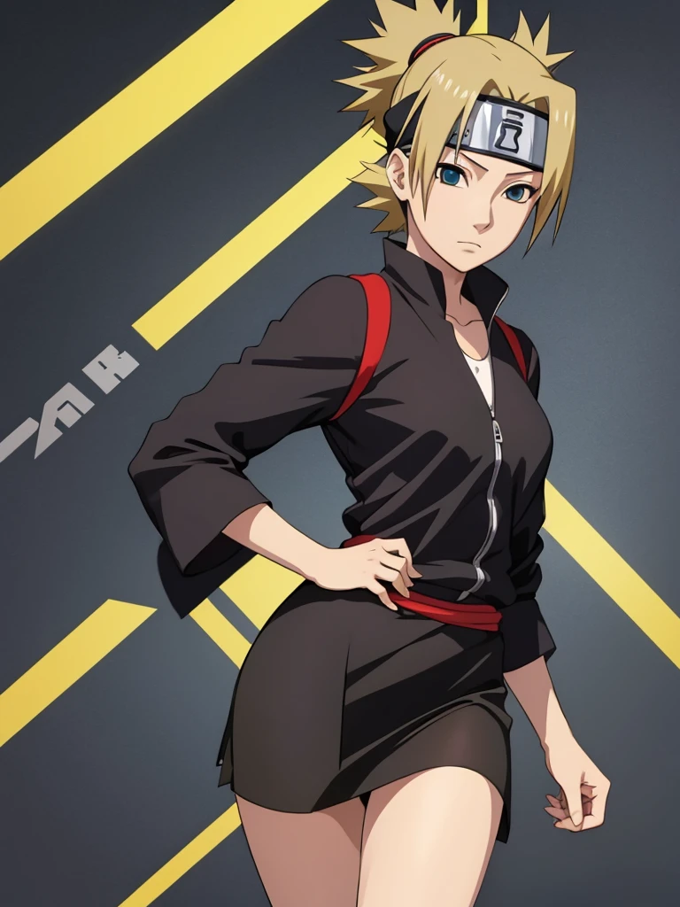 Temari from naruto, 1women, wearing a black colour office suit, tight skirt, at an office, yellow colour short hair, 8k, high detailed, high quality
