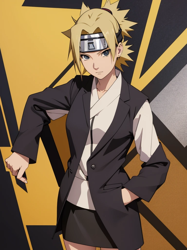 Temari from naruto, 1women, wearing a black colour office suit, tight skirt, at an office, yellow colour short hair, 8k, high detailed, high quality
