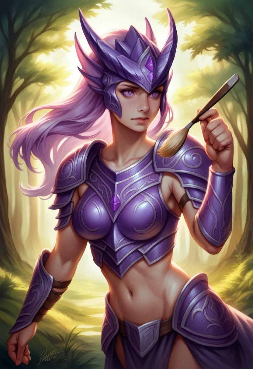 Highest quality,masterpiece,nsfw,25 years old,Beautiful woman, medium breasts, lavender hair, violet eyes, Dragon Armor, Dragon helmet, running from a forest fire, oil painting, detailed brush strokes, high contrast, vibrant colors, dramatic lighting, fantasy genre. (best quality, 8k, realistic:1.37), (forest fire), (Dragon Armor:1.1), (Dragon helmet:1.1), (running), (lavender hair), (violet eyes), (medium breasts), (oil painting), (detailed brush strokes), (high contrast), (vibrant colors), (dramatic lighting), (fantasy genre), (portrait style), (dynamic composition), (intense atmosphere), (heroic pose), (leaping movement), [soft pastels], [subdued tones], [gentle lighting], [dreamy atmosphere].