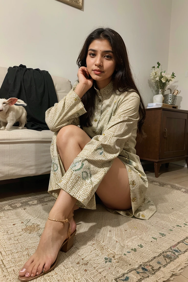 Pakistani girl) , beautiful face wearing digital printed shalwar kameez with Goat and sheep at her modern home in Lahore celebrating Eid Ul Adha