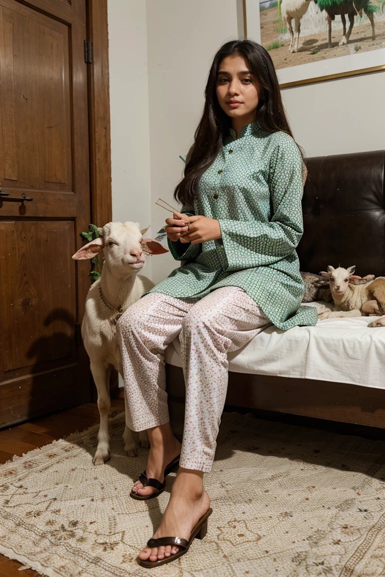 Pakistani girl) , beautiful face wearing digital printed shalwar kameez with Goat and sheep at her modern home in Lahore celebrating Eid Ul Adha 
