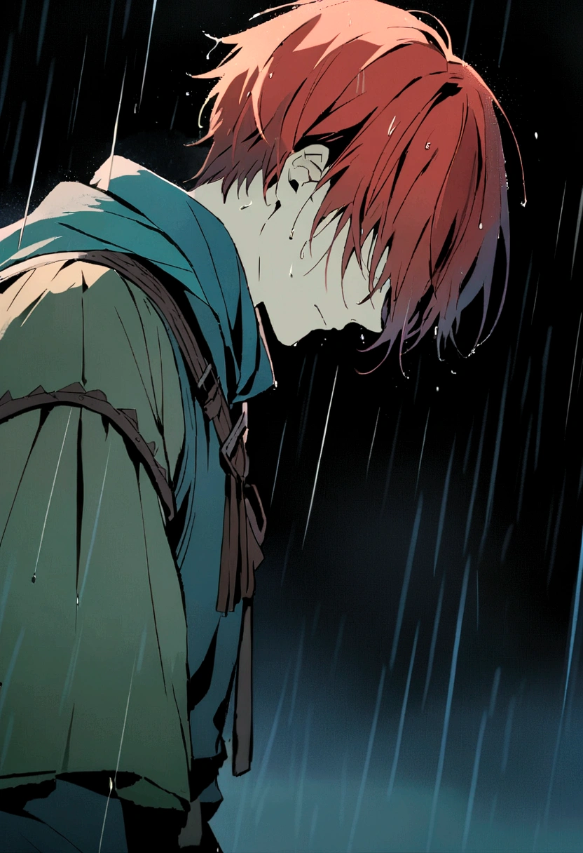 anime image of a man with red hair and a backpack in the rain, from kenshin, kvothe from name of the wind, orange - haired anime boy, ancient magus, tears in the rain, zerochan, grimgar, screenshot from the anime film, rurouni kenshin, like tears in rain time to die, 4 k manga wallpaper