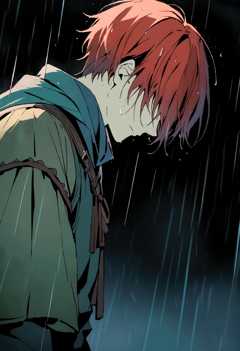 anime image of a man with red hair and a backpack in the rain, from kenshin, kvothe from name of the wind, orange - haired anime boy, ancient magus, tears in the rain, zerochan, grimgar, screenshot from the anime film, rurouni kenshin, like tears in rain time to die, 4 k manga wallpaper