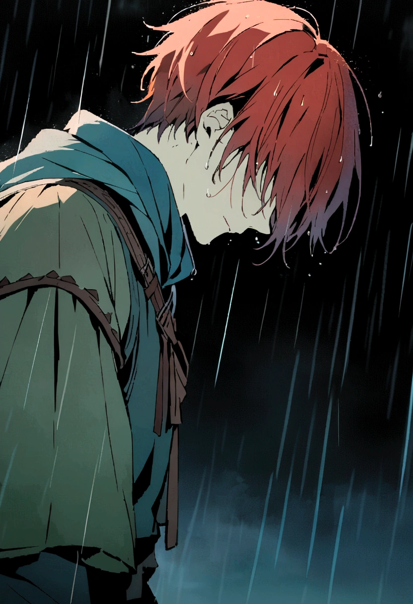 anime image of a man with red hair and a backpack in the rain, from kenshin, kvothe from name of the wind, orange - haired anime boy, ancient magus, tears in the rain, zerochan, grimgar, screenshot from the anime film, rurouni kenshin, like tears in rain time to die, 4 k manga wallpaper