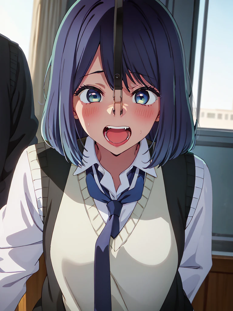 Beautiful lighting, 1 Girl, alone, Akane, White shirt, Sweater vest, Black vest, Blue tie, ((Anime Style))、((2D))、Laughter、Open your mouth,nude,nsfw,