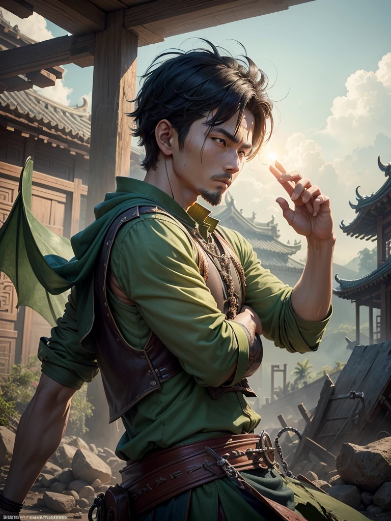 4D masterpiece of a Chinese warrior from the beggar school doing the 18 Dragon Conquering Palms, (green energy forms a transparent dragon that surroundings his body), he is wearing typical beggar school clothes, tattered and dirty clothes, dynamic situation, the situation is in an abandoned temple yard and 3 people moving to attack him from various directions, dilapidated temple building in the background, daylight lighting, hyper realistic, ultra detailed