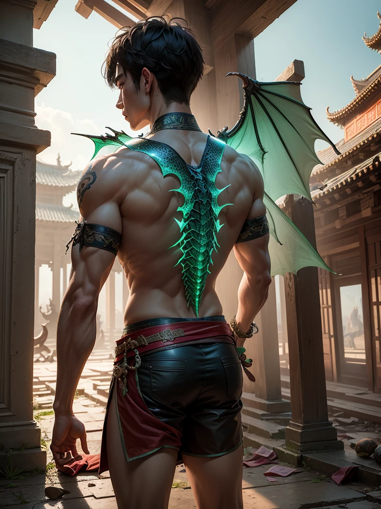 4D masterpiece of a Chinese warrior from the beggar school doing the 18 Dragon Conquering Palms, (green energy forms a transparent dragon that surroundings his body), he is wearing typical beggar school clothes, tattered and dirty clothes, dynamic situation, the situation is in an abandoned temple yard and 3 people  moving to attack him from various directions, dilapidated temple building in the background, daylight lighting, hyper realistic, ultra detailed