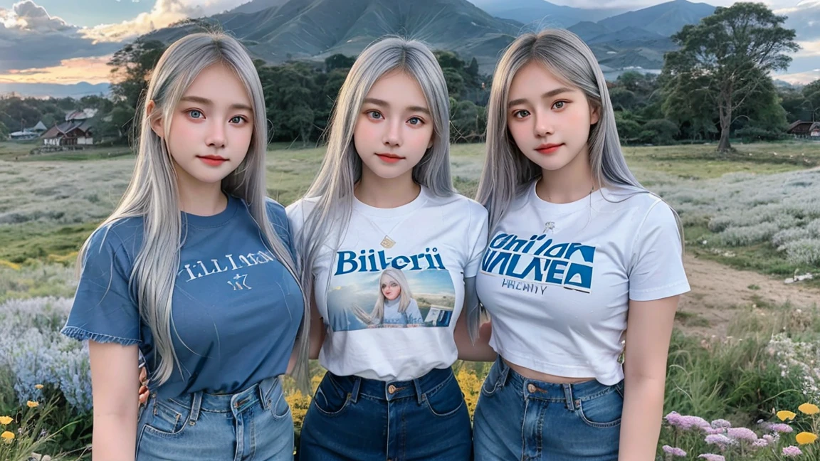 (4 Girls), Indonesian baby face, 20 years old,long hair, white skin, big breast, blue eyes, meadow, silver hair, 8k, The details are very realistic..., There is a lot of light..., The best of photography Wear a jeans skirt. white t-shirt (4 Girls)