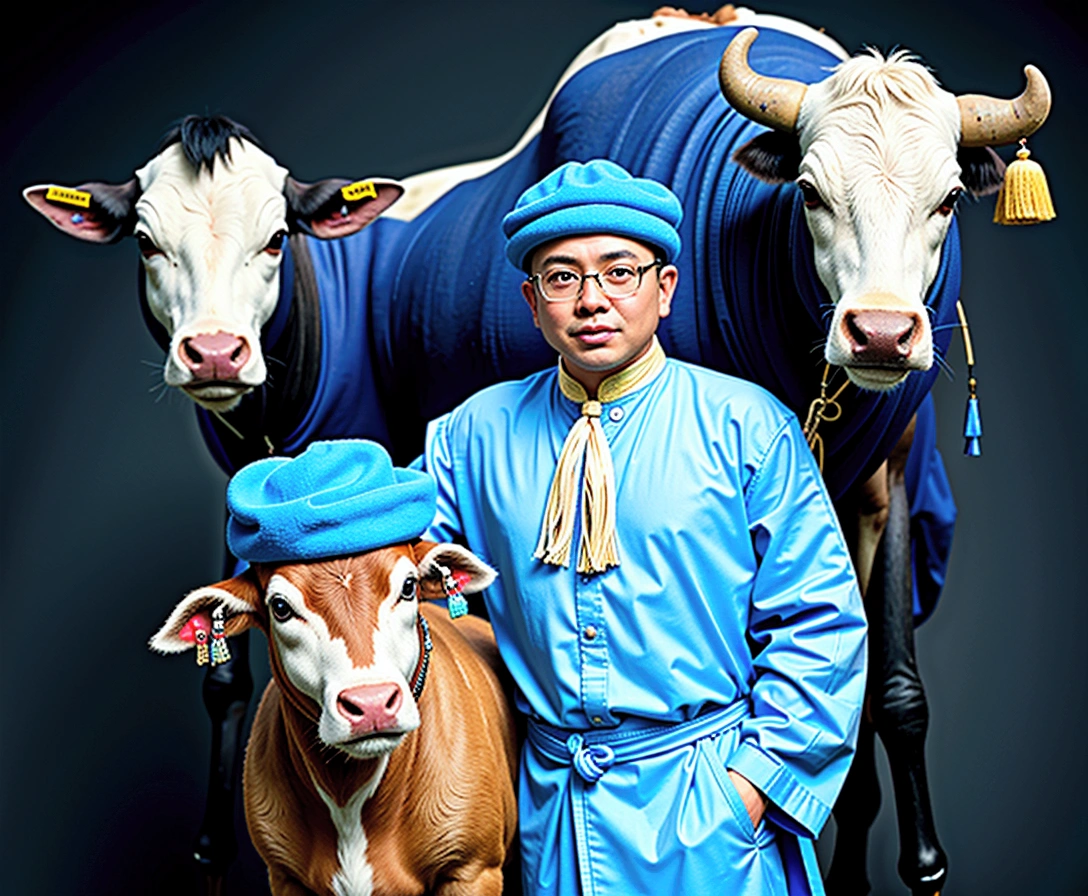 there is a man standing next to a cow with a blue hat, traditional clothes, wearing authentic attire, wearing traditional garb, traditional clothing, traditional dress, blue colored traditional wear, inspired by Basuki Abdullah, by Basuki Abdullah, inspired by Abdur Rahman Chughtai, traditional costume, photoshot, human dressed as a bull, portrait shot