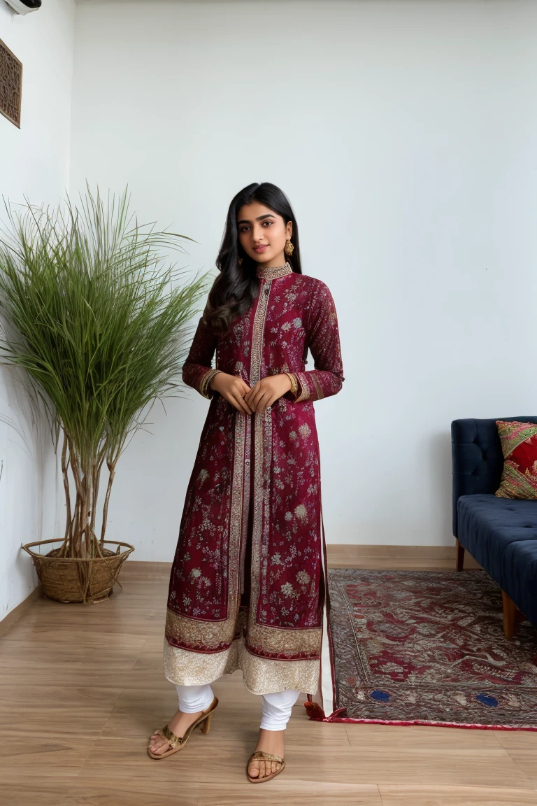 Pakistani girl) , beautiful face wearing digital printed shalwar kameez with Goat and sheep at her modern home in Lahore celebrating Eid Ul Adha 