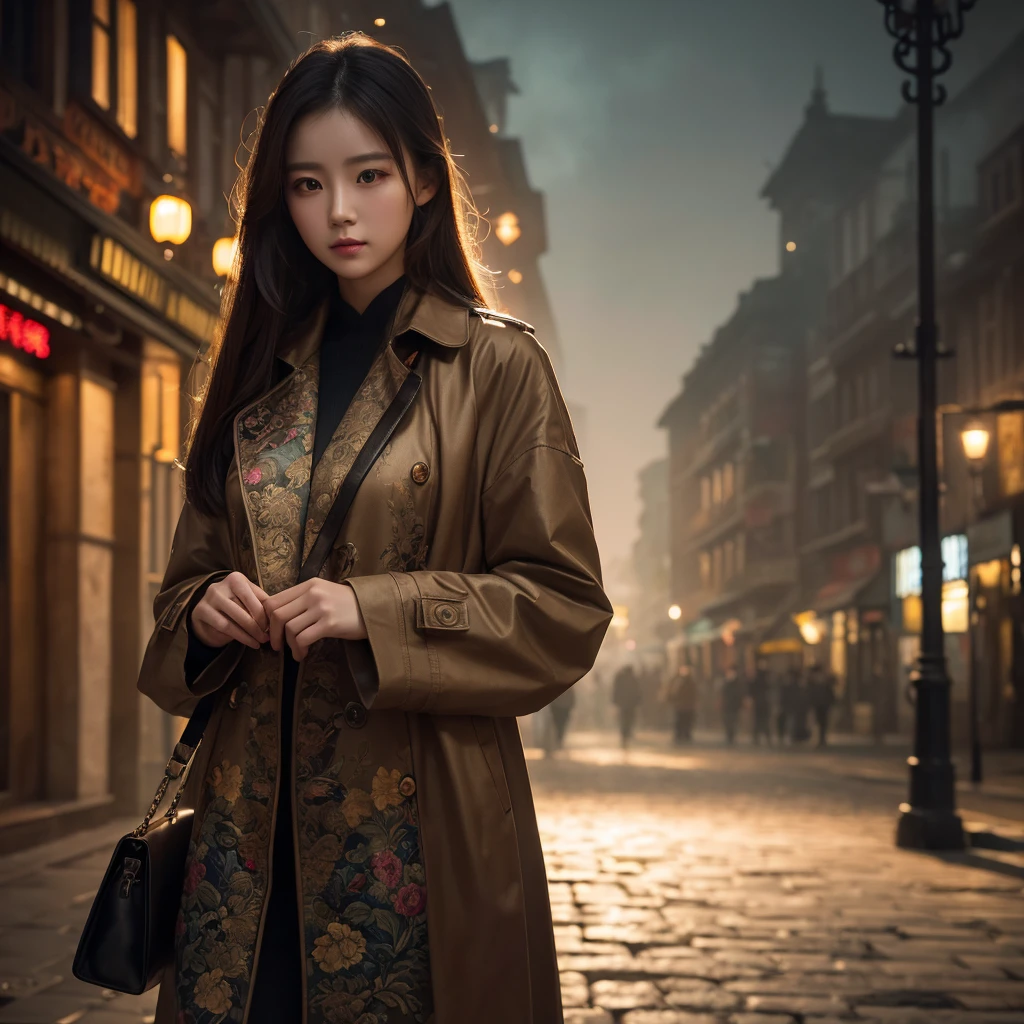 beautiful chinese girl, wearing cryptic trench, carrying bag on shoulder, 1girl, cinematic lighting, dramatic lighting, highly detailed, photorealistic, 8k, 4k, ultra-detailed, masterpiece, (best quality:1.2), (realistic:1.37), intricate details, vibrant colors, warm color palette, soft focus, ethereal atmosphere