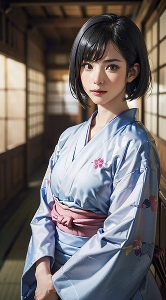 (Realistic)、(Realistic:1.2)、(High resolution)、Very detailed、Very beautiful face and eyes、1 girl、Delicate body、(highest quality、Attention to detail、Rich skin detail)、(highest quality、8k、Oil paint:1.2)、Very detailed、(Realistic、Realistic:1.37)、Bright colors、Full Body Shot,black_hair, Beautiful 8k eyes,Looking_in_Audience,One person in,Are standing,((Very beautiful woman, Fuller lips, Japanese pintern kimono))、((Colorful Japanese kimono)))、(((blackhair)))、(((Blunt bung,short hair)))、((( Inside an old Japanese house with a (short focus :1.4),)))、(masterpiece, highest quality, highest quality, Official Art, beautifully、aesthetic:1.2),(Fractal Art:1.3),Sengoku period、Greg Rutkowski Written by Alphonse Mucha Ropp,short ,uchikake,nishijin ori,(realistic light and shadow), (real and delicate background),(muted colors, dim colors, soothing tones:1.3), low saturation, (hyperdetailed:1.2), (noir:0.4),drow,blurry_light_background, (vibrant color:1.2), cinematic lighting, ambient lighting,Single Shot,Shallow Focus,pink lip,blurry light background,