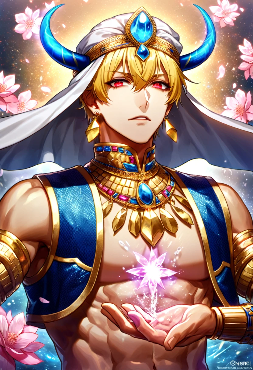 absurdres, highres, ultra detailed, HDR, master piece, best quality, extremely detailed face, delicated features, (caster) Gilgamesh, messy blonde hair, expressive red eyes, fate grand order, solo, sexy man, handsome, toned chest, arabian, golden earrings, jewelry, dark blue cropped vest sleeveless, high collar, white turban with blue horns, Mesopotamia clothes, golden gauntlet on the right hand, water, blossoms, pink flowers, pink butterflies, fantasy, magic, radiant