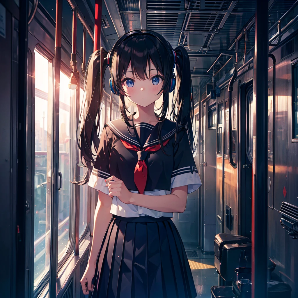 Super detailed, super high resolution, 64k, masterpiece, highest quality, beautiful eyes in detail, high resolution background, 1 girl, solo, masterpiece, 4K, highest quality, 9 years old, cowboy shot, black hair, pigtails, straight hair , dark blue eyes, , Serafuku, neckerchief, pleated skirt, BREAK (headphones), standing, inside the train, looking away, looking out the window, holding a pole, (Simple background: 1.3)

