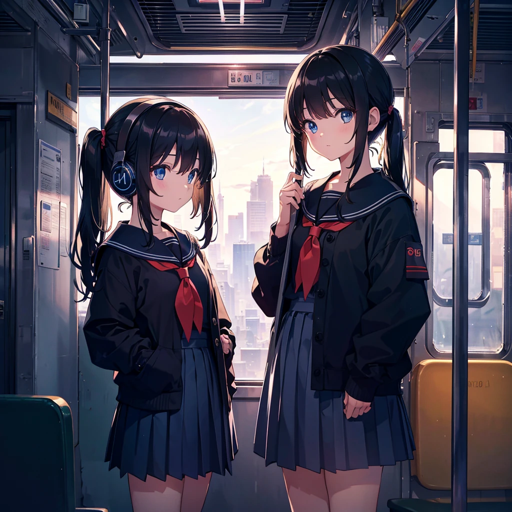 Super detailed, super high resolution, 64k, masterpiece, highest quality, beautiful eyes in detail, high resolution background, 1 girl, solo, masterpiece, 4K, highest quality, s old, cowboy shot, black hair, pigtails, straight hair , dark blue eyes, , Serafuku, neckerchief, pleated skirt, BREAK (headphones), standing, inside the train, looking away, looking out the window, holding a pole, (Simple background: 1.3)