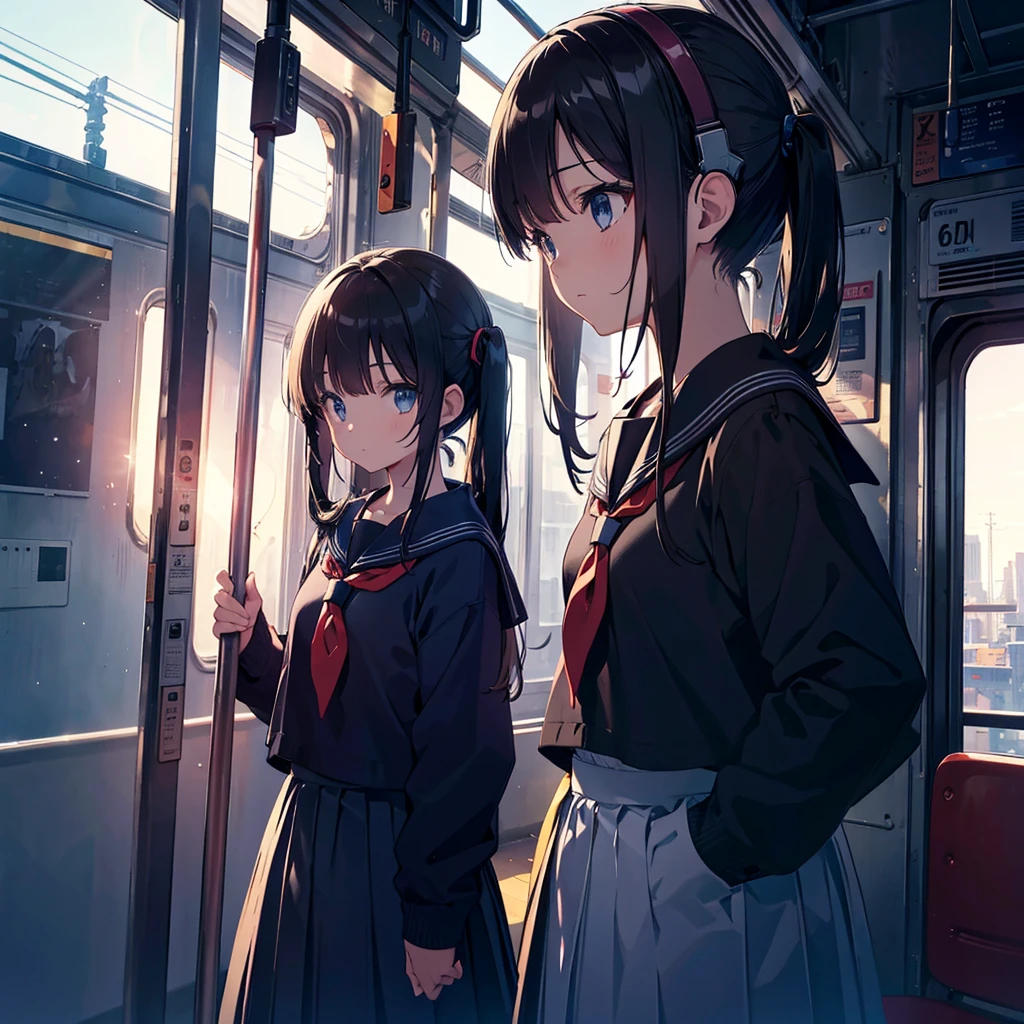 Super detailed, super high resolution, 64k, masterpiece, highest quality, beautiful eyes in detail, high resolution background, 1 girl, solo, masterpiece, 4K, highest quality, 9 years old, cowboy shot, black hair, pigtails, straight hair , dark blue eyes, , Serafuku, neckerchief, pleated skirt, BREAK (headphones), standing, inside the train, looking away, looking out the window, holding a pole, (Simple background: 1.3)

