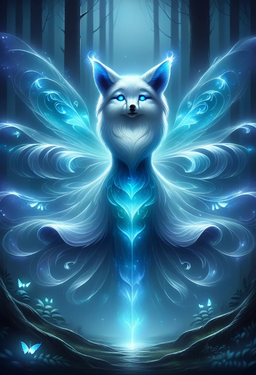 spirit animal, score_9, score_8_consolation, score_7_consolation, score_6_consolation, score_5_consolation, score_4_consolation, ethereal ghost baby fox, Beloved, cartoon character, glowing blue eyes, glowing butterflies, fantasy forest at night time, realistic, very detailed, There are no humans