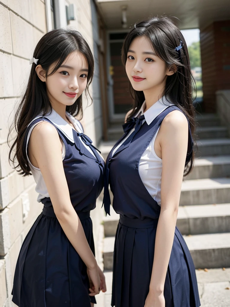 (A trio of super cute Korean gal high school girls take a photo together 1.2)(grin,Smile)(Beautiful Sweat:1.1)(16k, RAW Photos, Highest quality, masterpiece: 1.2),(Mr.々Beautiful blonde with a stylish hairstyle:1.2) Super detailed, Super Resolution, (Genuine, Genuine photos: 1.37), Portraiture, High-resolution RAW color photos, Professional photos, Very detailed, 8k wallpaper, Very detailed CG Unity 8k wallpaper, Very detailed beautiful girls, Very detailed faces, ((whole body)), beautiful woman, Huge breasts,(huge boobs:1.1) (Big Boobs:1.1), Beauty college student (A tight, girly, navy sleeveless  with ribbon.),high school girl, Korean Girls,(K-POP Female Idols), (Idol-class beauty)(Beautiful high school girl:1.1)(Emergency stairs in school building)(18-year-old)(Stylish school uniform-style outfit:1.1)(Group photo:1.3)(from side)