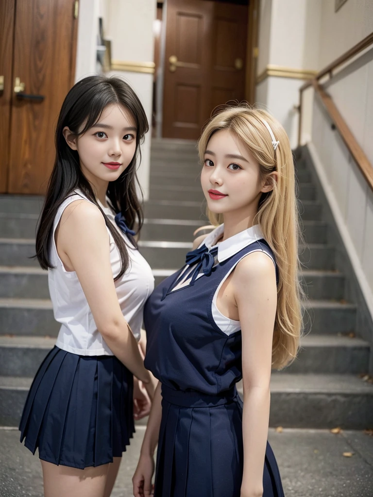 (A trio of super cute Korean gal high school girls take a photo together 1.2)(grin,Smile)(Beautiful Sweat:1.1)(16k, RAW Photos, Highest quality, masterpiece: 1.2),(Mr.々Beautiful blonde with a stylish hairstyle:1.2) Super detailed, Super Resolution, (Genuine, Genuine photos: 1.37), Portraiture, High-resolution RAW color photos, Professional photos, Very detailed, 8k wallpaper, Very detailed CG Unity 8k wallpaper, Very detailed beautiful girls, Very detailed faces, ((whole body)), beautiful woman, Huge breasts,(huge boobs:1.1) (Big Boobs:1.1), Beauty college student (A tight, girly, navy sleeveless  with ribbon.),high school girl, Korean Girls,(K-POP Female Idols), (Idol-class beauty)(Beautiful high school girl:1.1)(Emergency stairs in school building)(18-year-old)(Stylish school uniform-style outfit:1.1)(Group photo:1.3)(from side)